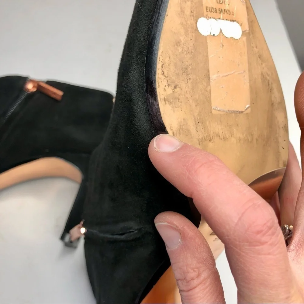 Ted Baker Leiyla black suede ankle booties pointy toe copper rose gold hardware